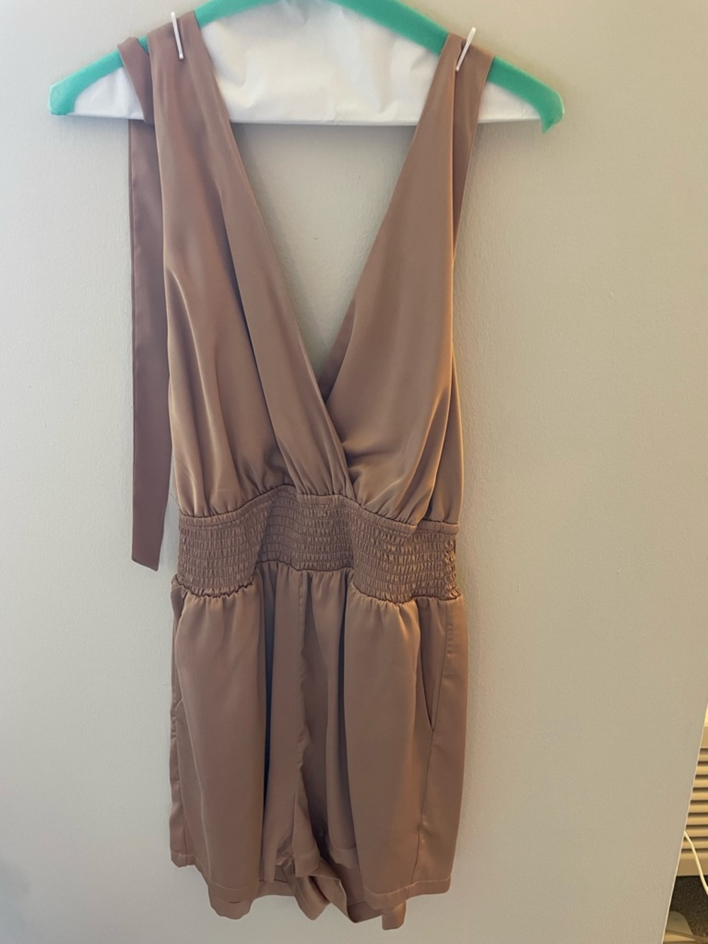 Brown Satin Backless Halter Romper